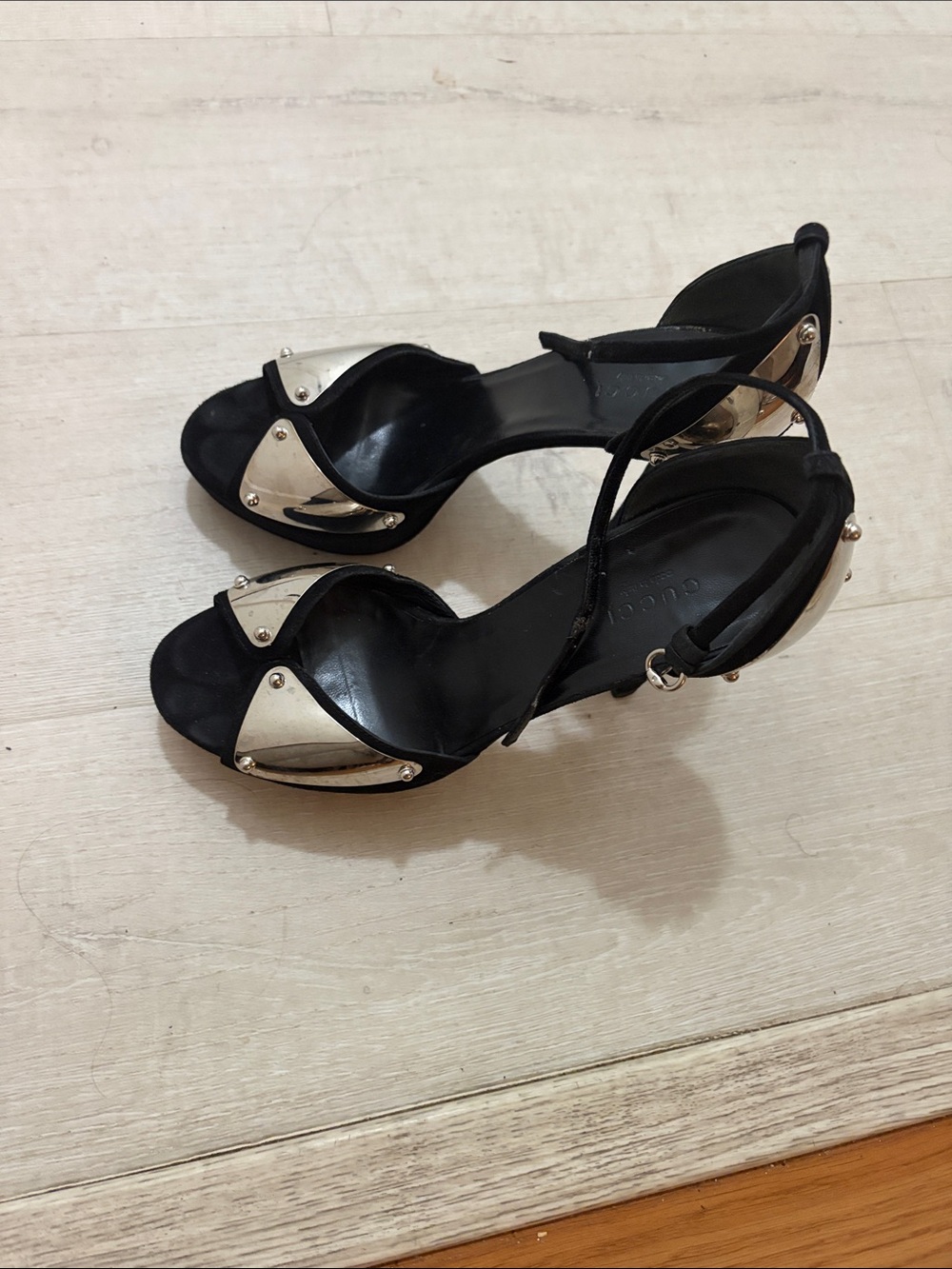 Black Women's Ankle-Strap Heels with Gold Accent
